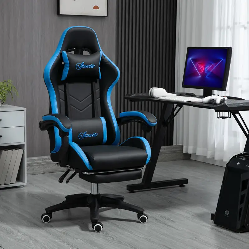 Silla gaming de oficina ergonómica con reposacabezas y soporte lumbar tapizado combinado azul negro para escritorio y videojuegos, cómoda, dimensiones 65x65x129cm, 1 unidad