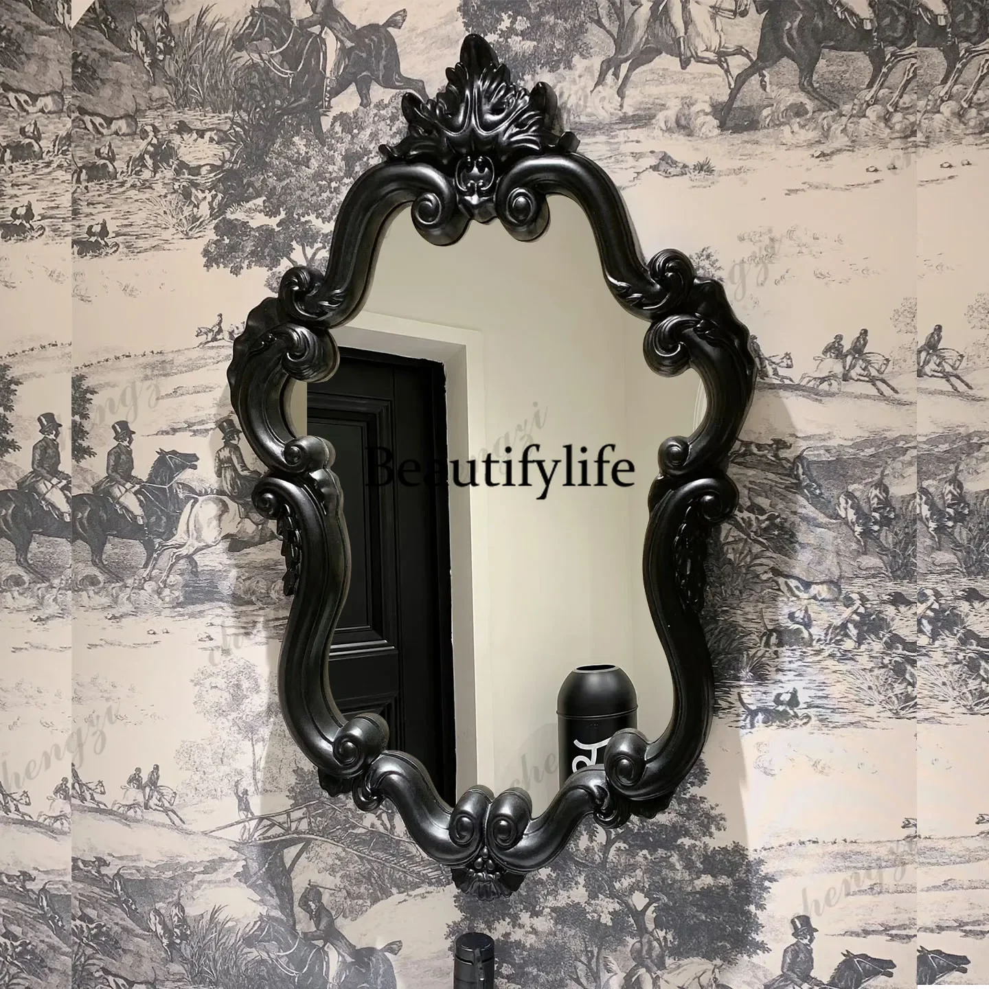 z183 Retro dressing mirror, carved decorative mirror, black antique bathroom mirror