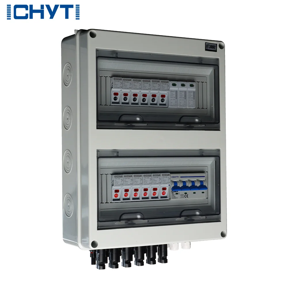 IP65 15A plastic DC solar connector with lock indicator, lightning surge protection, 6-string PV array, 6 in 1 out combiner box.