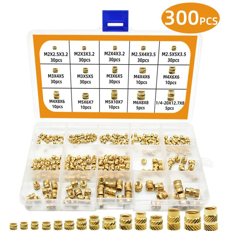 300PCS Insert Threaded Kit Brass Nut M2 M3 M4 M5 M6 Hot Melt Heat Set Inserts for Plastic 3D Printer Copper Pipe Insertion Nut