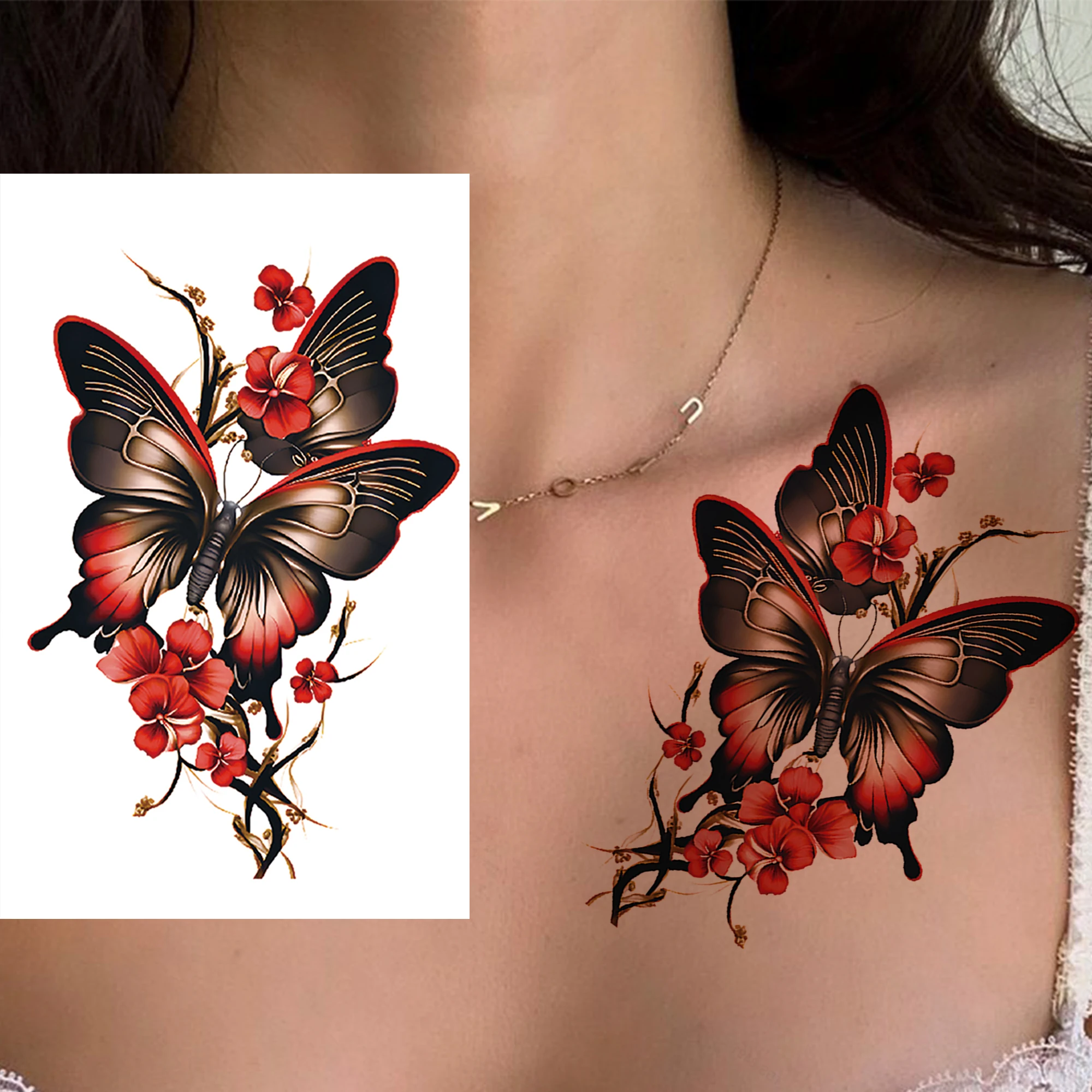 1 ورقة مثير فراشة البرقوق الوردي الوشم المؤقت للنساء الفتيات المائية وهمية زهرة الوشم كم للماء الديكور #2