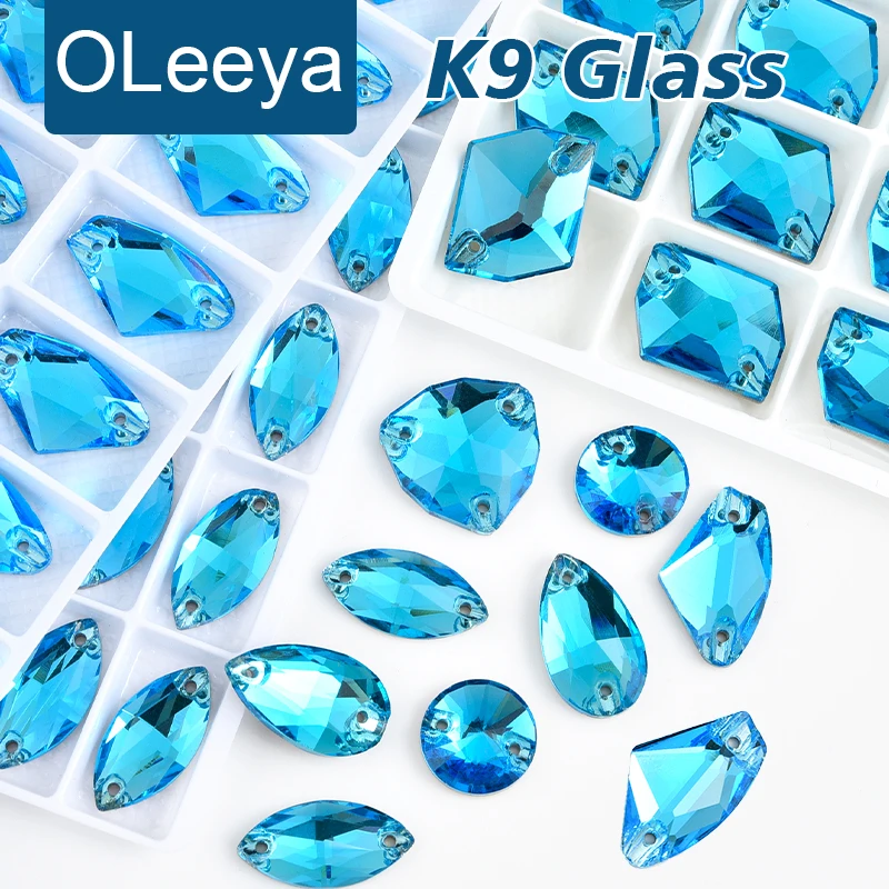 OLeeya Aquamarine Blue AAAAA K9 Glass Sew On Rhinestones Crystal Sewing Flatback Stones For Craft Clothes Wedding Dress Decor