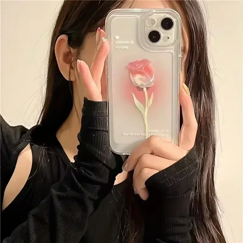 Funda de teléfono Tulip para iPhone 13, 11, 12, 14, 15 16 Pro Max XR X XS Max 7, 8, 15 Plus, funda transparente a prueba de golpes, Fundas suaves de