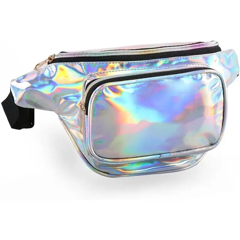 Women's and men's holographic waist bag waterproof crossbody bag waist bag with multiple pockets and adjustable waist belt