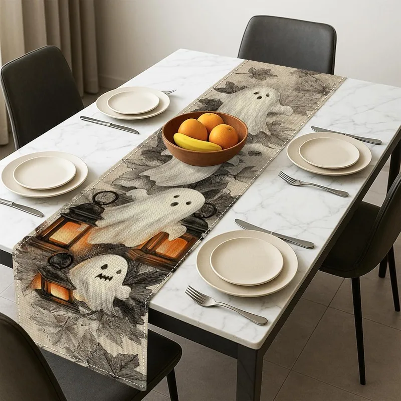1 Piece of Retro Halloween-Themed Table Runner, Featuring Horror Lanterns and Ghost Designs, with Pumpkin Lanterns, Bats, and Autumn Leaves, Suitable for Parties, Restaurants, B&Bs, and Market Scenes.