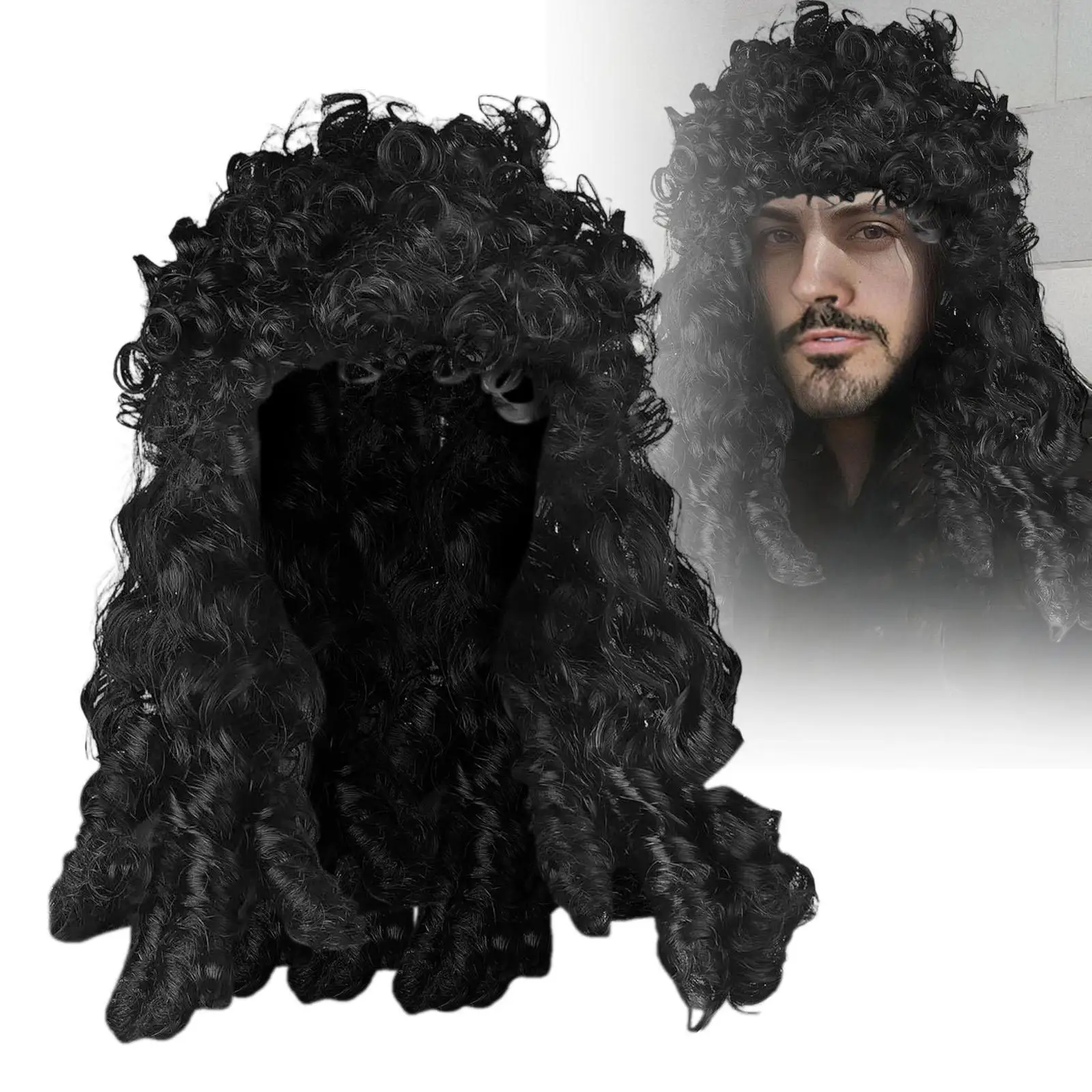 Pirate ,Party Costume for Men Sturdy Synthetic Rock ,Cosplay,Long Curly Black for Party Photography