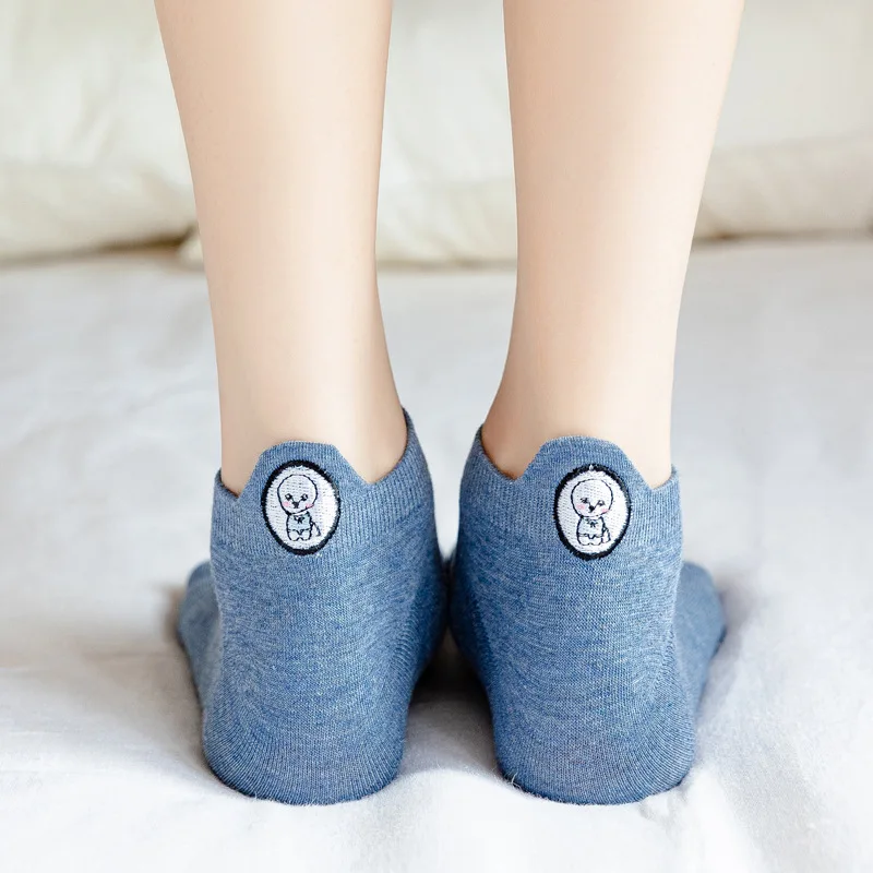 5 Pairs Spring Summer Women Solid Color Embroidered Cartoon Socks High Quality Animal Pattern Comfortable Breathable Boat Socks