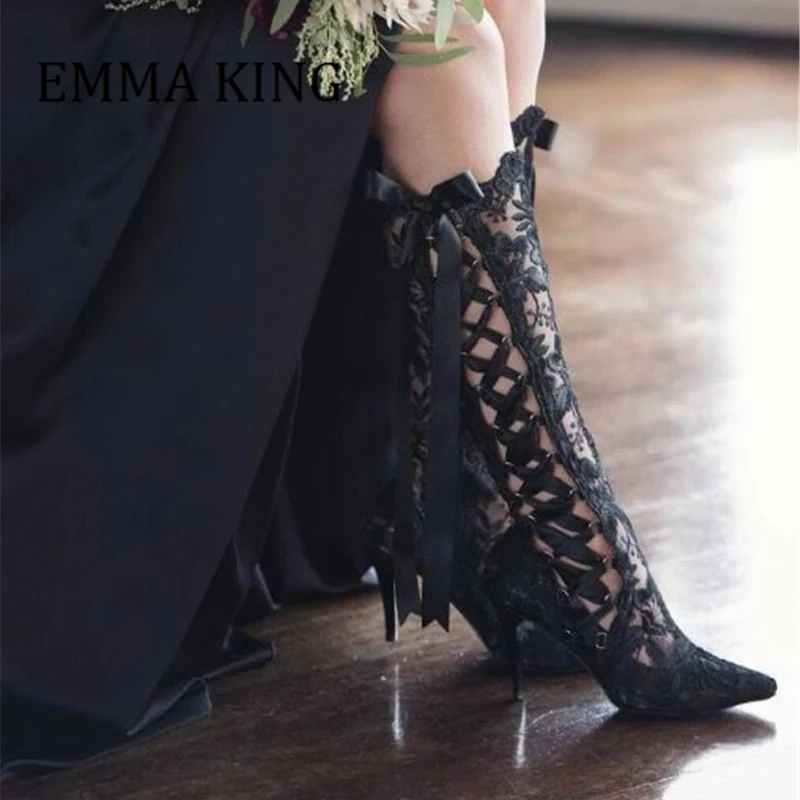 Women Lace Up Knee High Boots Pointed Toe 10cm Stiletto High Heels Boots Lace Bridal Boots Wedding Shoes