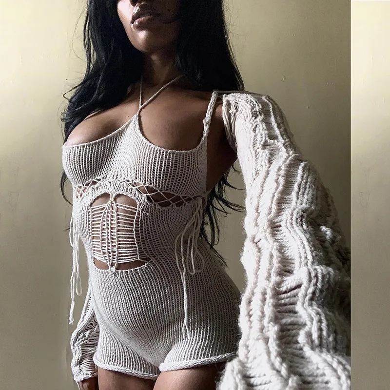 

Sexy Hollow Knitted Lace-up Rompers Women 2023 Autumn Long Sleeve Halter Hip Wrap High Waist Shorts Jumpsuit Playsuit Clubwear