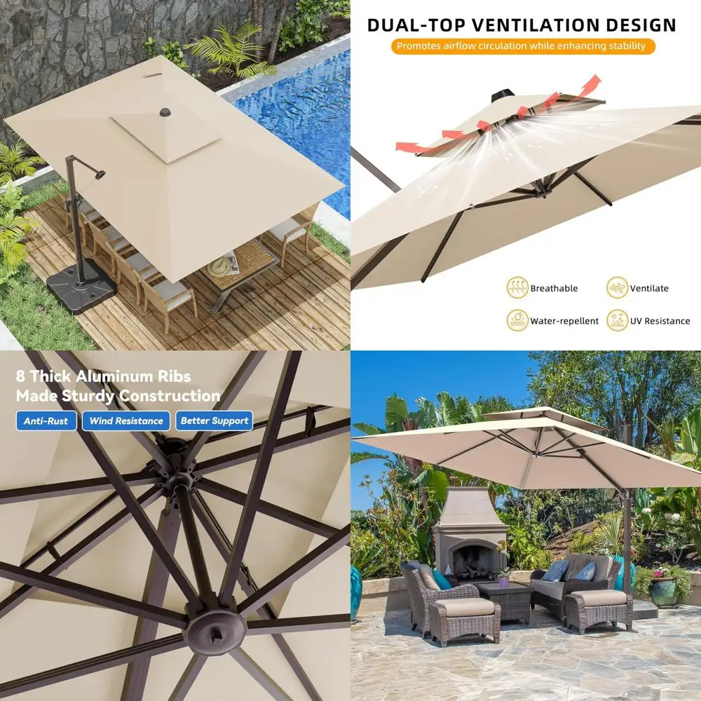 

Большой консольный зонт для патио 10x13 футов с двойным верхом, сверхпрочный, 360° ° Вращающийся уличный солнцезащитный козырек, бежевый