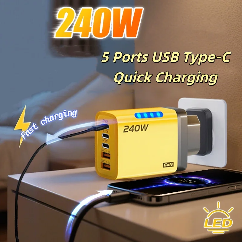 GaN PD 240W 5 Ports Intelligent Fast Charging Head 5 IN 1 3 TYPE-C + 2 USB With LED Light Wall Phone