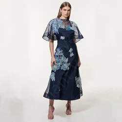 Customized Vintage Navy Prom Gowns Contrast Color Evening Dresses 2025 Puff Half Sleeve Wedding Party Gowns Tea Length Appliqued