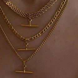Yori High Quality Minimalist T-Bar Pendant Figaro Chain Necklace Stainless Steel Waterproof Exquisite Jewelry New