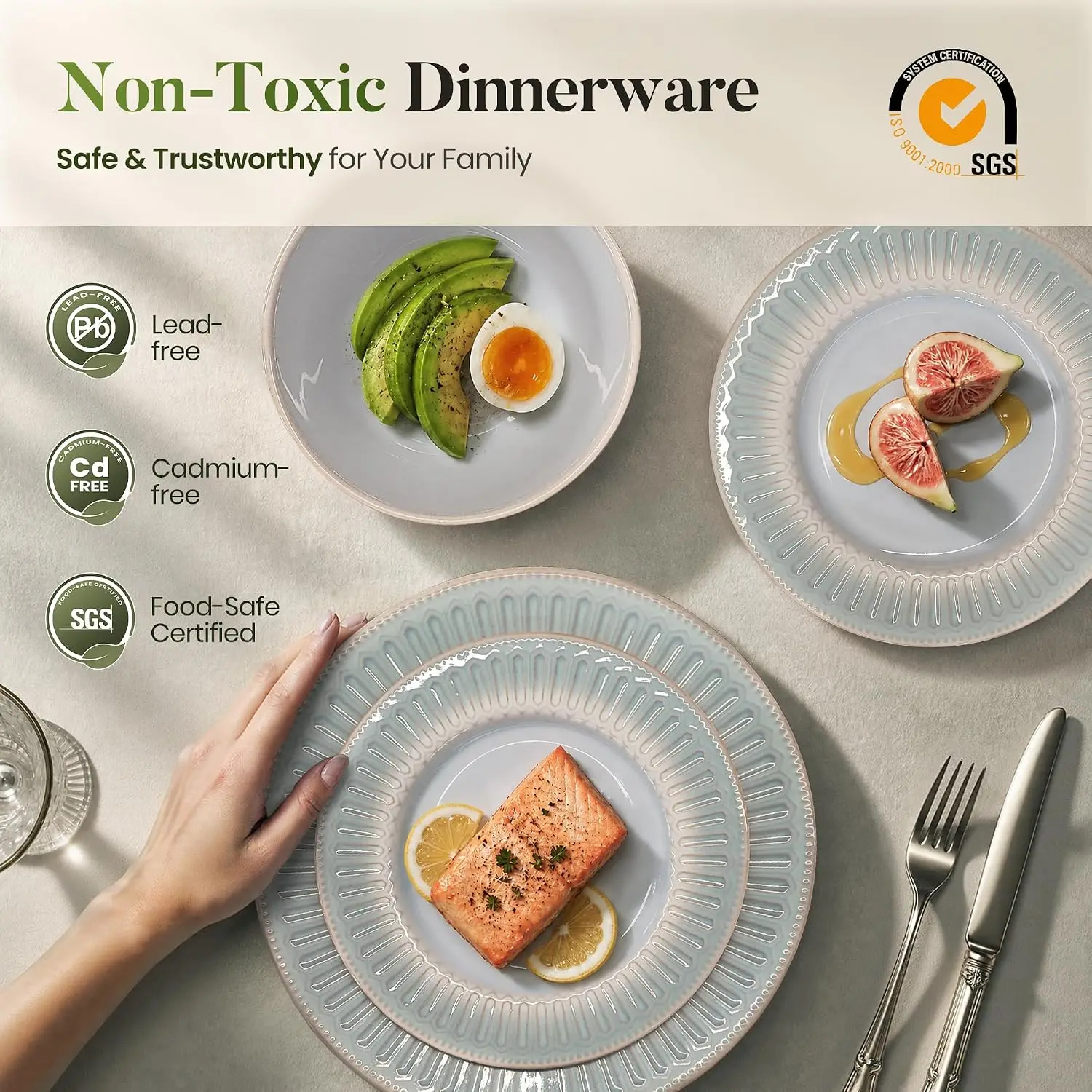 24-Piece Stoneware Dinnerware Sets for 8, Kitchen Ceramic Plates and Bowls Set Non Toxic, Blue Embossed Dishes view 5