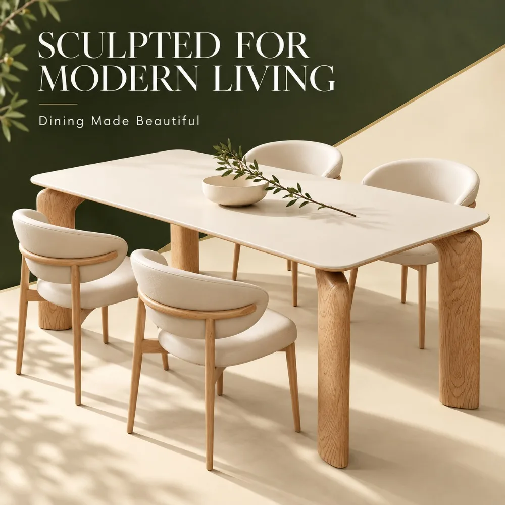 Rectangular Japandi Dining Table, Solid Wood Frame, Minimalist Dining Room Furniture for Small‑Size Household
