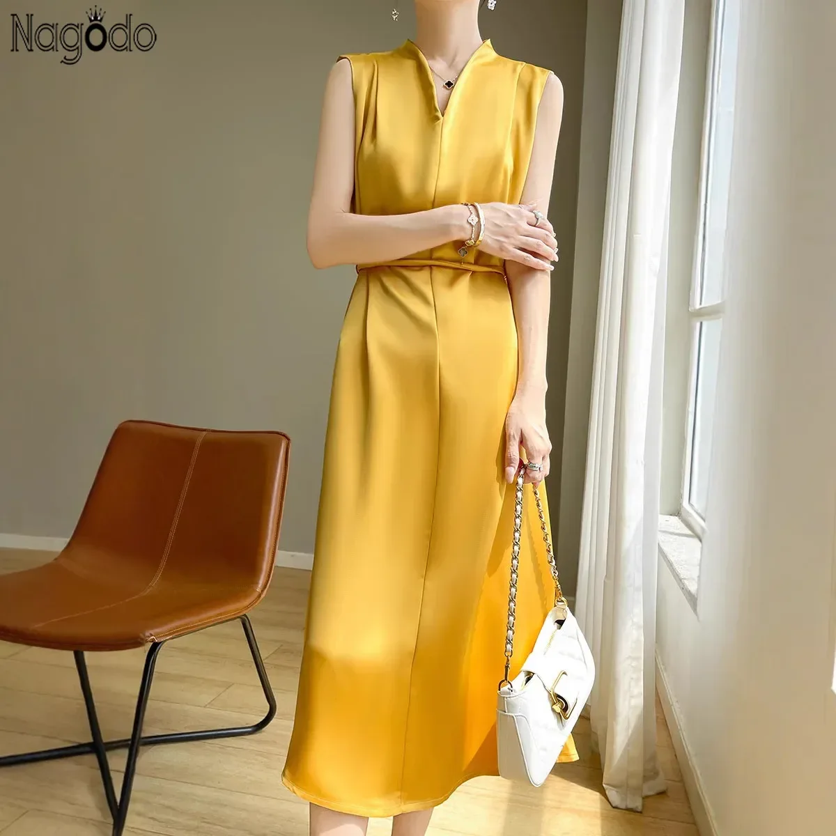 

Summer Women's Satin Silk Dress Sleeveless Acetate High-waist Long Dresses V-neck Lace-up Pullover A-line Party Yellow Dress