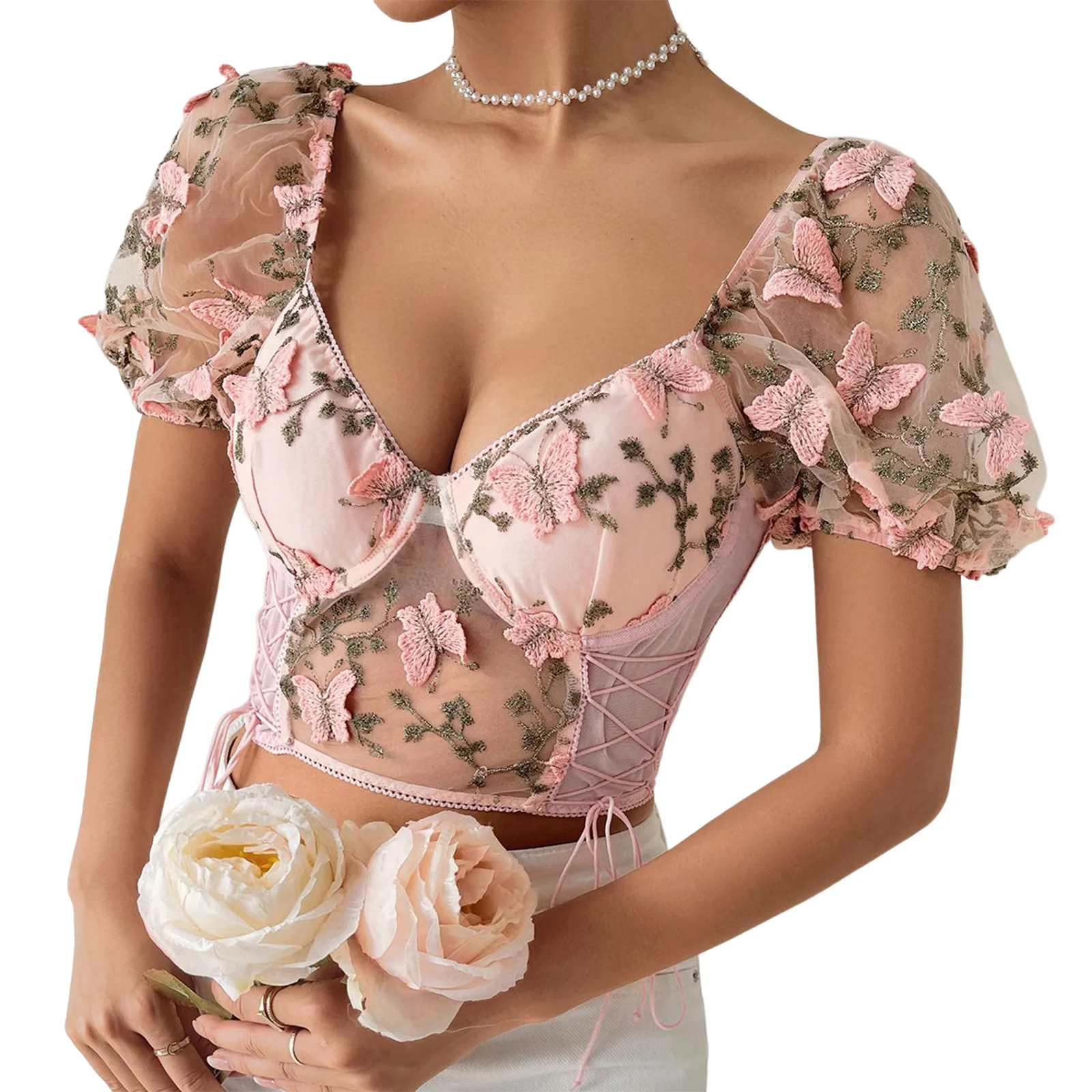 Women Vintage Butterfly Floral Embroidery Crop Top Summer V Neck Puff Sleeve Sheer Mesh T-Shirt Tie-up Slim Bustier Corset Tops