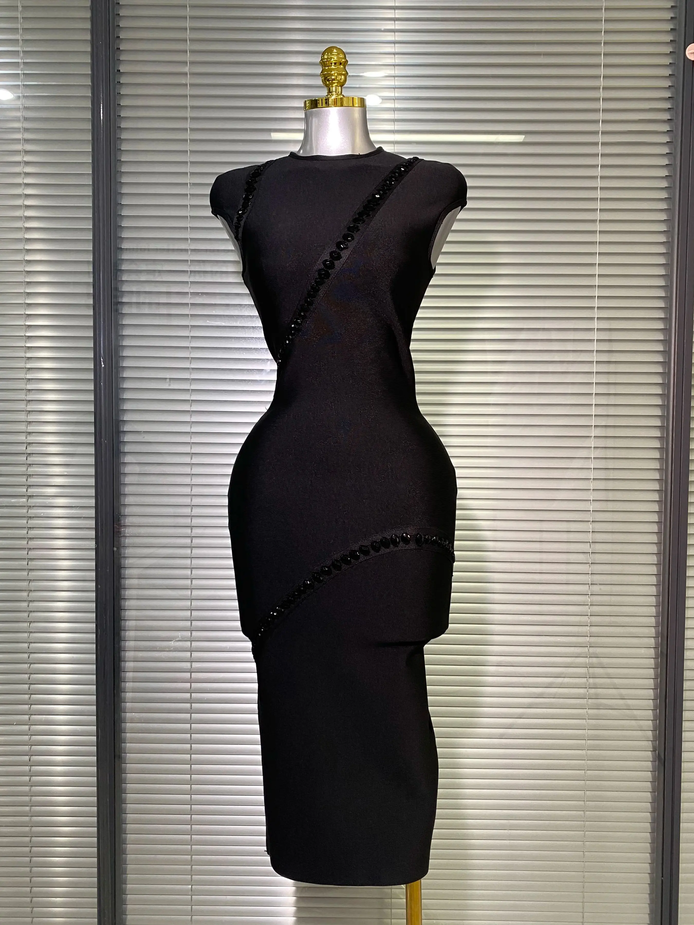 

Summer New 2025 Sexy Women Black Bandage Dress Celebrity Knitted Elegant High Street Crystal Diamonds Bodycon Party Maxi Dress