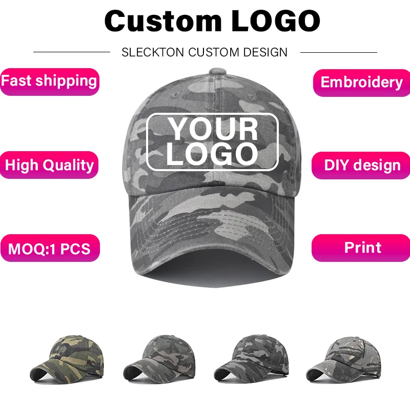 

SLECKTON Custom Logo Camouflage Baseball Caps for men Brand DIY Design Embroidery Letter Print Breathable Trucker caps Wholesale