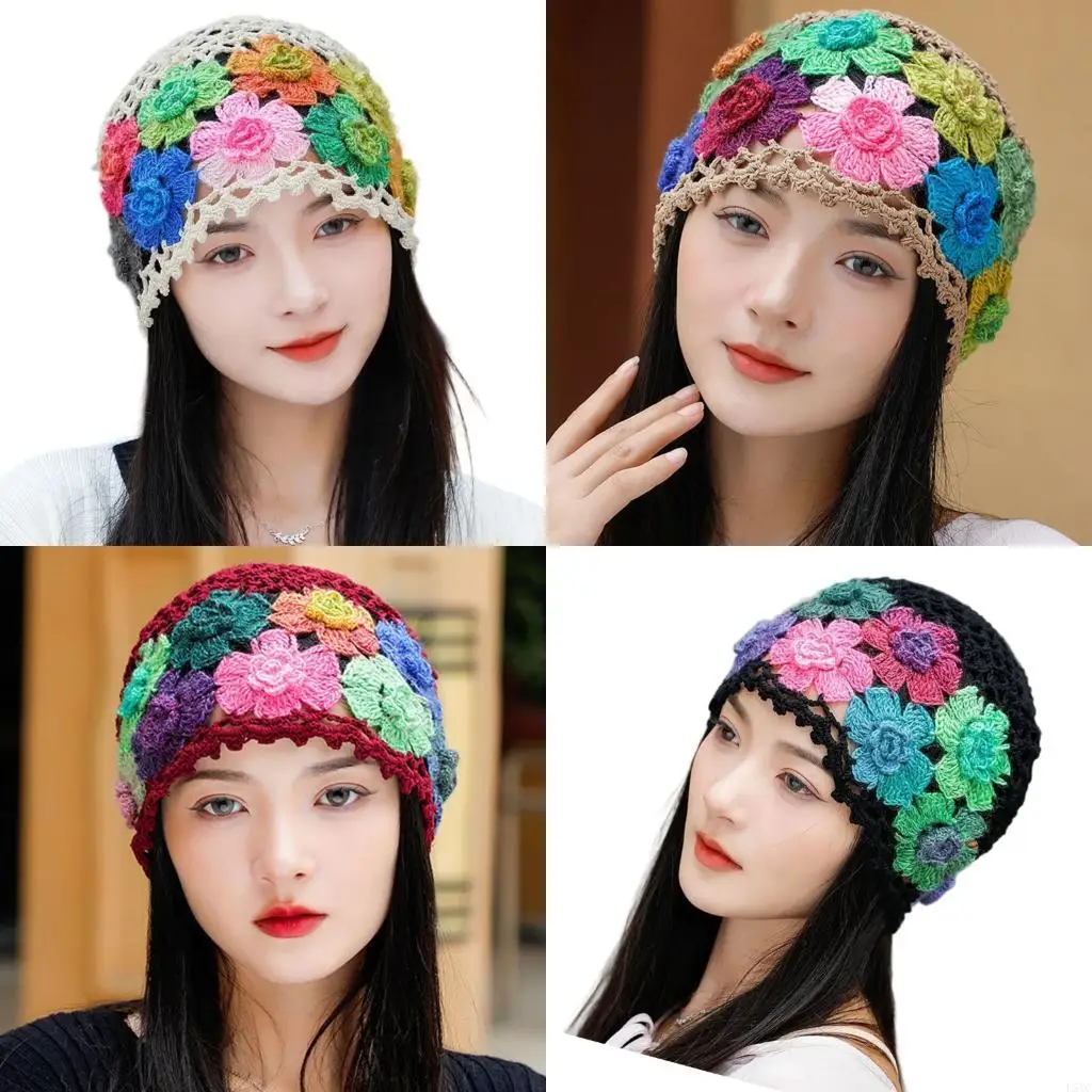 

L5YC Elegant Hollowed Knitted Cotton Skull Cap Flower Pattern Women Travel Skull Hat