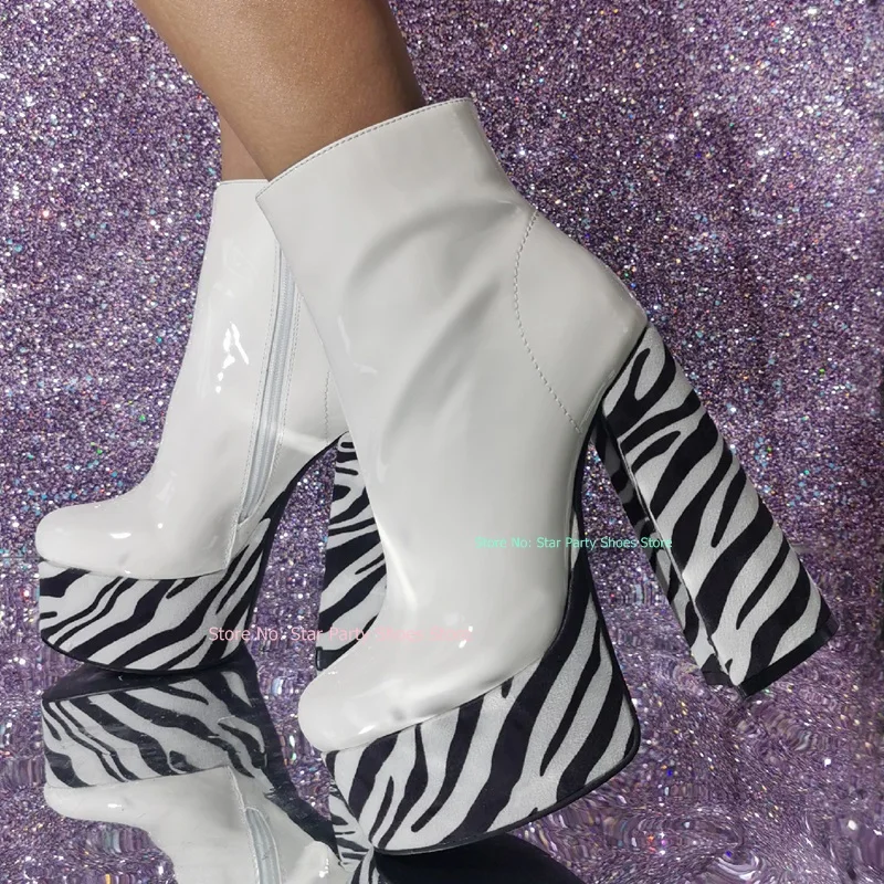 

Женские кожаные ботильоны контрастных цветов, белые полусапожки на платформе и квадратном каблуке с принтом зебры, женские короткие ботинки на платформе с круглым носком