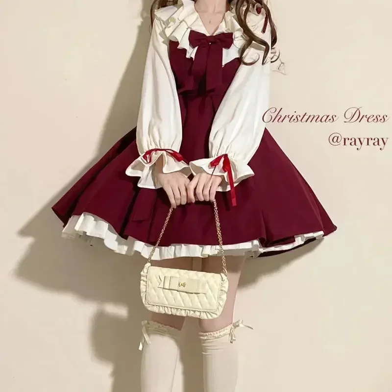 2023 Herbst Winter College-Stil elegante JK Uniform Anzug weibliche süße Retro Bogen Riemen Kleider Weihnachts feier rot Lolita Kleid