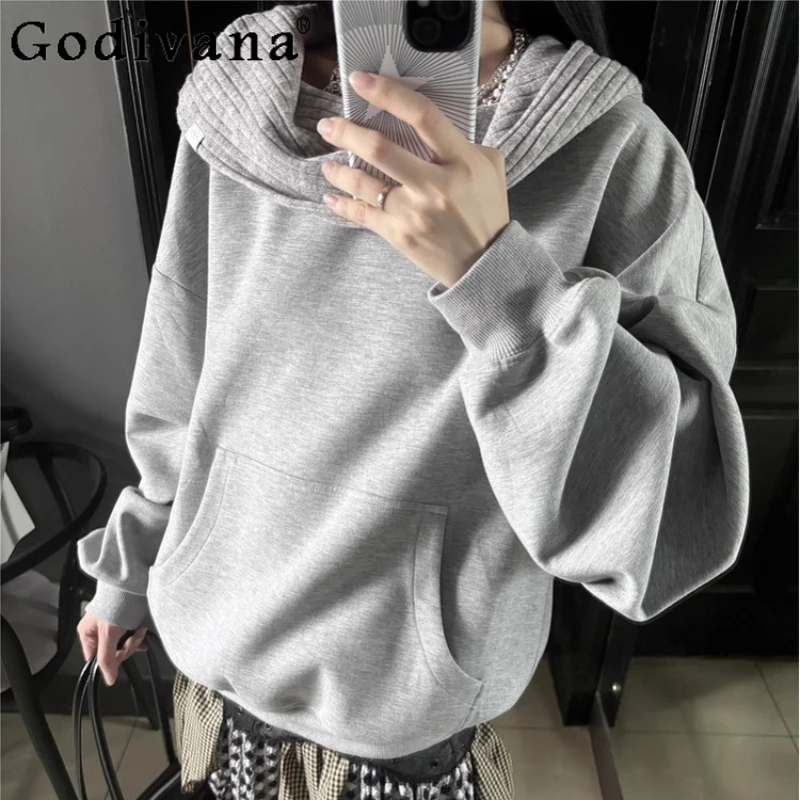 Gray Off Shoulder Sweatshirt for Women Spring Autumn Japanese Style Hoodies Girls Lolita Sweet Loose Versatile Sweatshirts