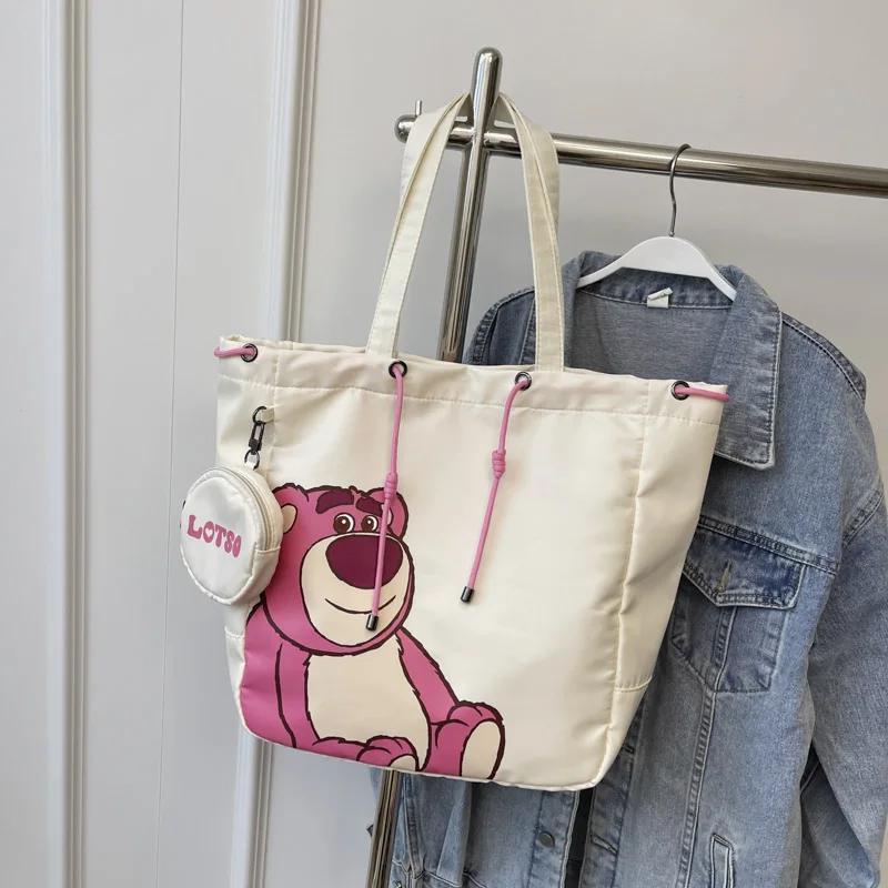 Large capacity strawberry bear canvas bag cartoon cute handbag with coin purse suitable for girls, ladies, college students, new