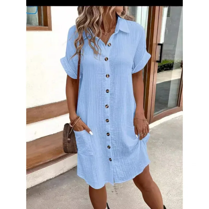 2025 Fashion Spring/Summer Minimalist V-neck Button Dress Elegant Women's Yellow Short Sleeved Flip Collar Pocket Shirt Dress