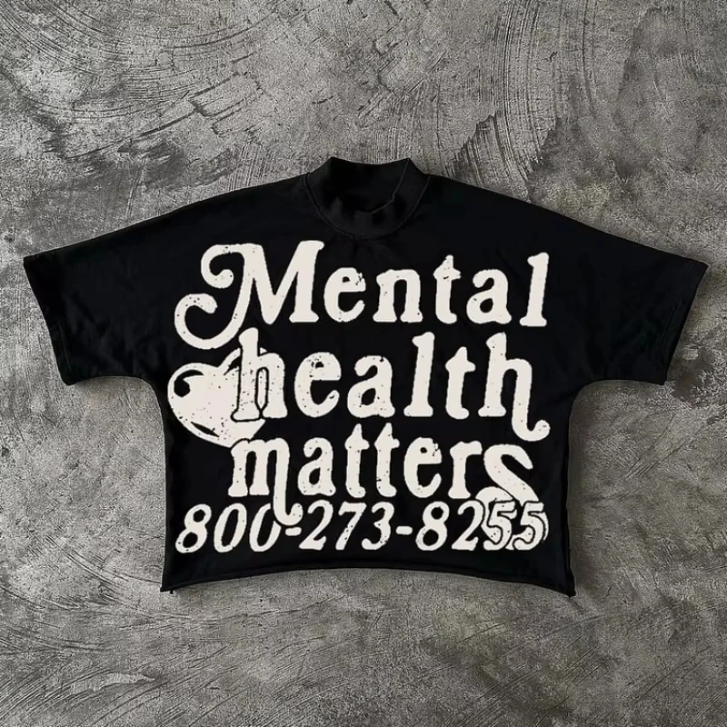 Camisetas recortadas de algodón 100% con gráficos de materia de salud Mental para hombre Y2K, camiseta Vintage de manga corta de gran tamaño, ropa de calle, Tops para mujer
