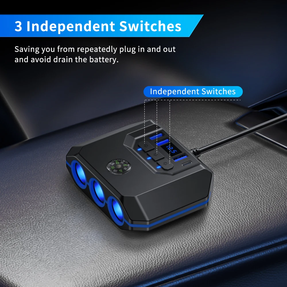 7-in-1 Zigarettenanzünder-Verteiler 120W 3-Port Auto-Ladegerät Adapter USB PD Stromanschluss mit EIN/AUS-Schaltern – Detail 5