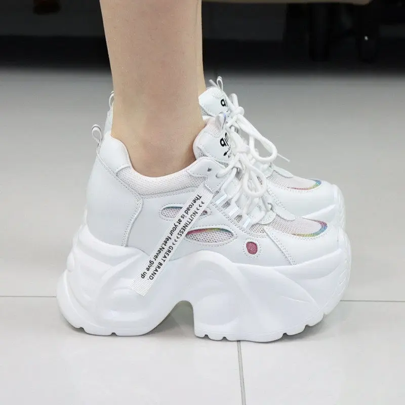 

New Female 12CM Hidden Increase Chunky Dad Shoes 10CM Platform White Sneakers Breathable Mesh Casual