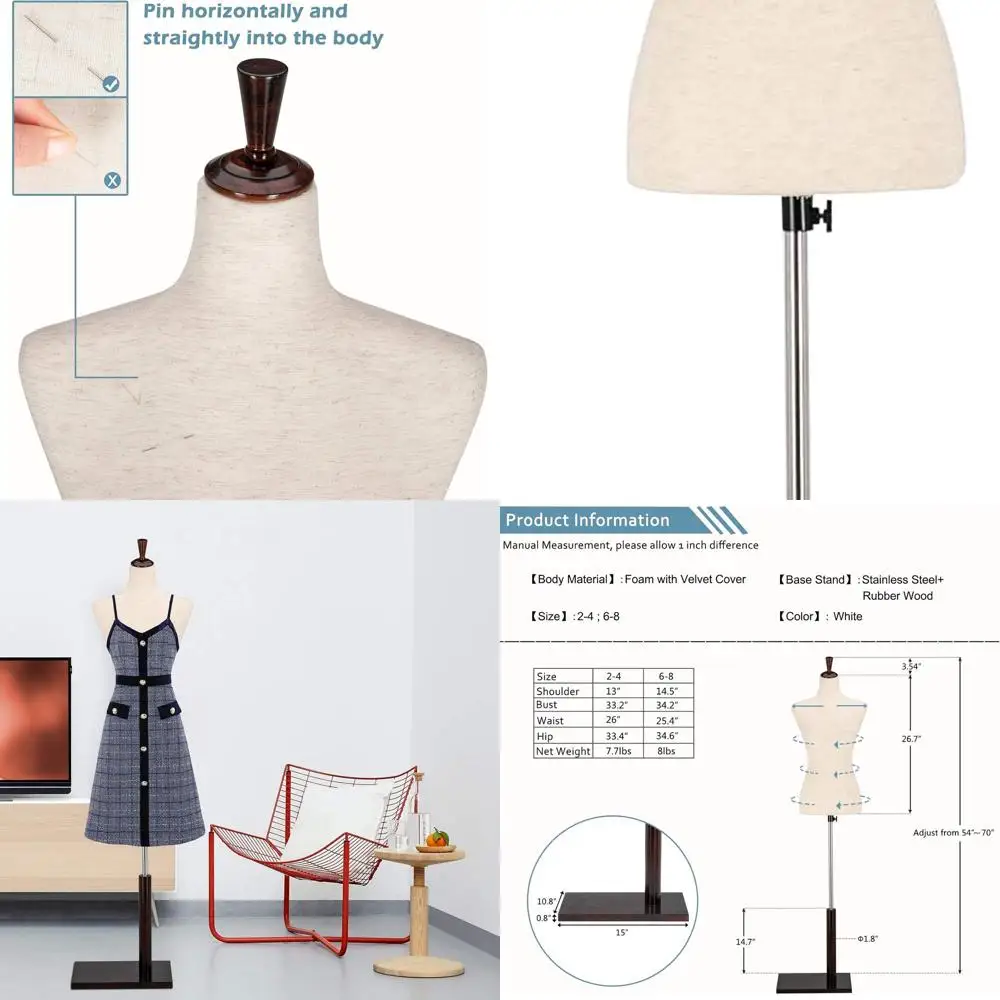 

Adjustable Wooden Stand Female Dress Form, Pinnable Mannequin for Clothing Design (White, Size 6-8)