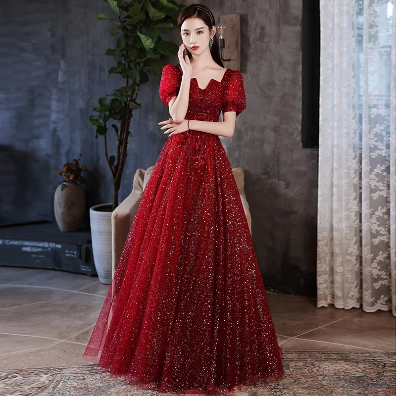 Beauty-Emily Blauw Korte Mouwen Lange Avondjurken Luxe Tulle Pailletten Prom Partij Jassen Applicaties Shiny Vrouwen Gown Vestidos