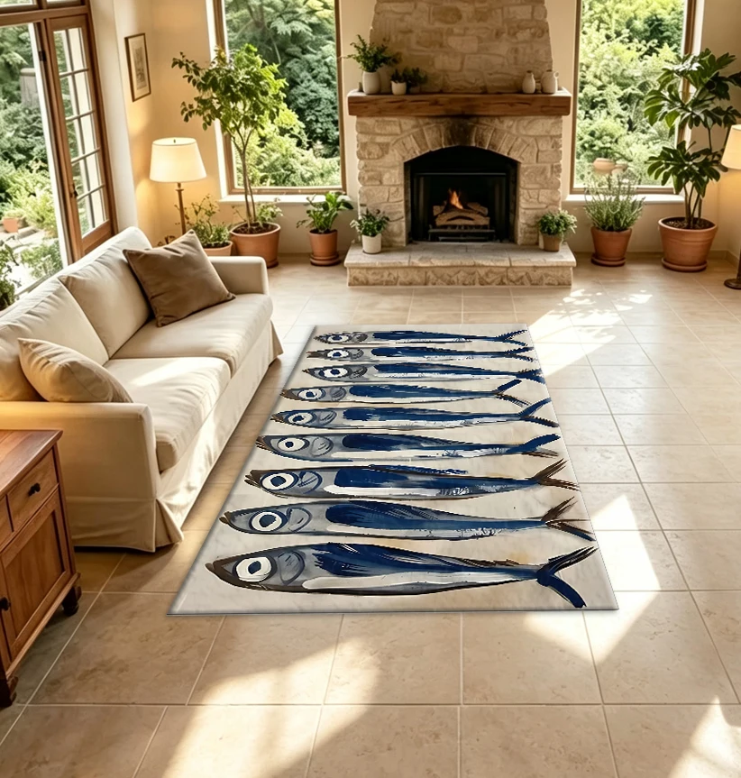 Abstract Hand-Painted Fish Pattern Carpet, Retro Art Style Non-Slip Floor Mat, Suitable for Living Room, Bedroom, Home Decoration