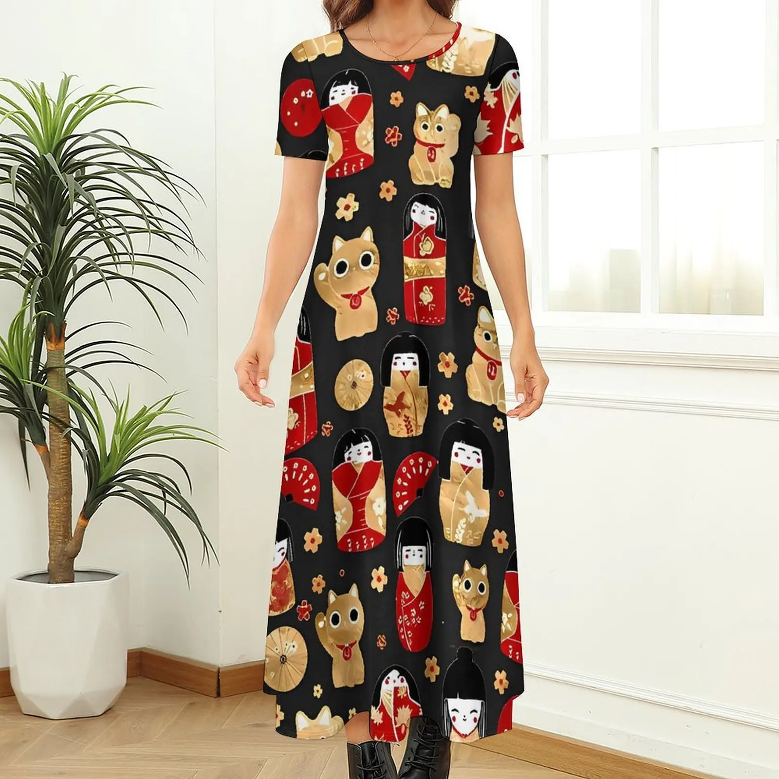 Kawaii Japanese Dolls Dress Kokeshi and Maneki Neko Cats Street Style Bohemia Long Dresses Woman Retro Maxi Dress Big Size 7XL