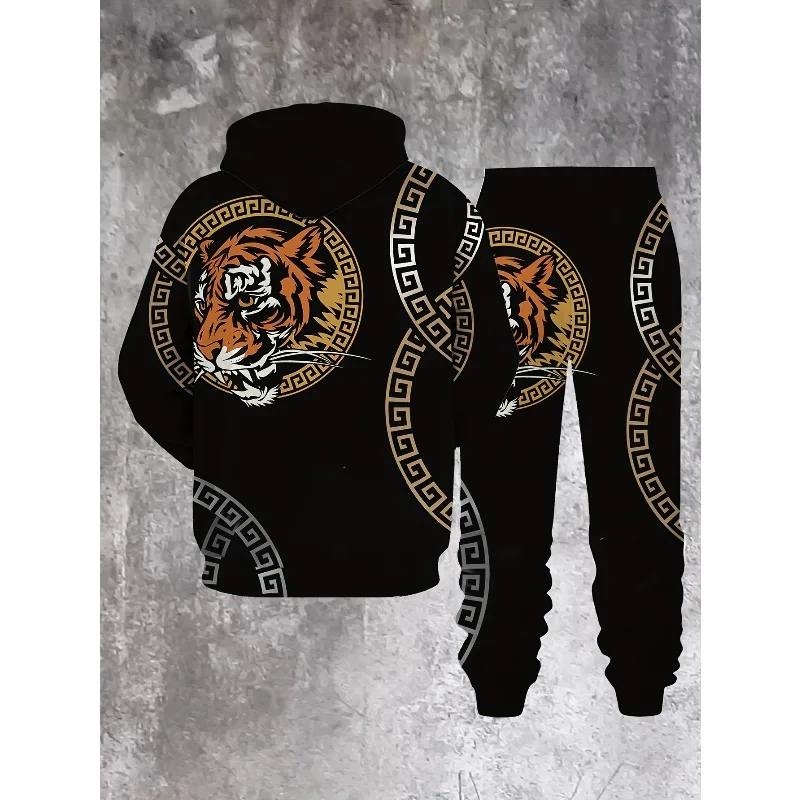 2025 Men's 2-piece Tiger Head Greek Key Leopard Lion Animal 3D Printed Hoodie and Running Pants Set