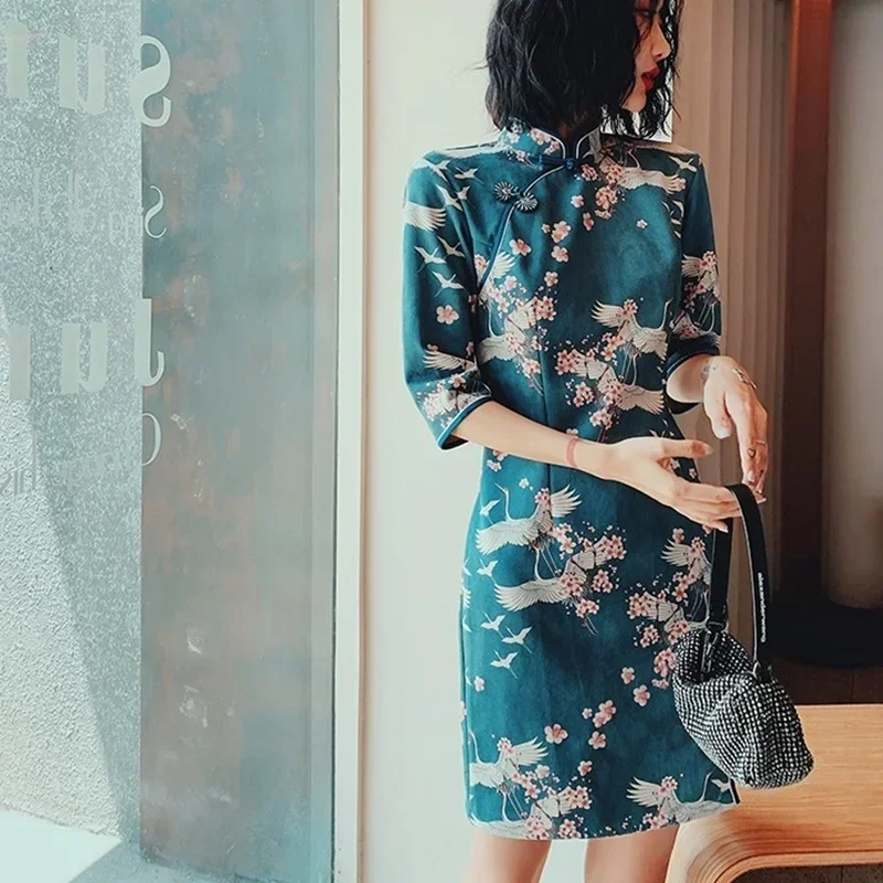 شيونغسام تشيباو كرين طباعة الصينية التقليدية الخريف الآسيوية الشارع الشهير تحسين فستان شرقي 11636 MN1