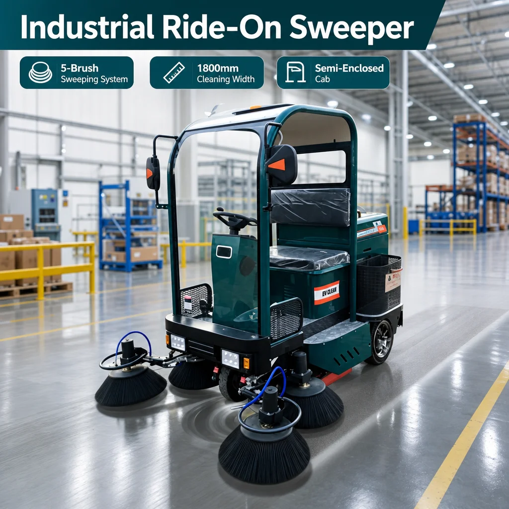 Semi-Enclosed Electric Street Sweeper 5 Brushes 1800mm Ride On Road Cleaning Machine for Factory Warehouse Community