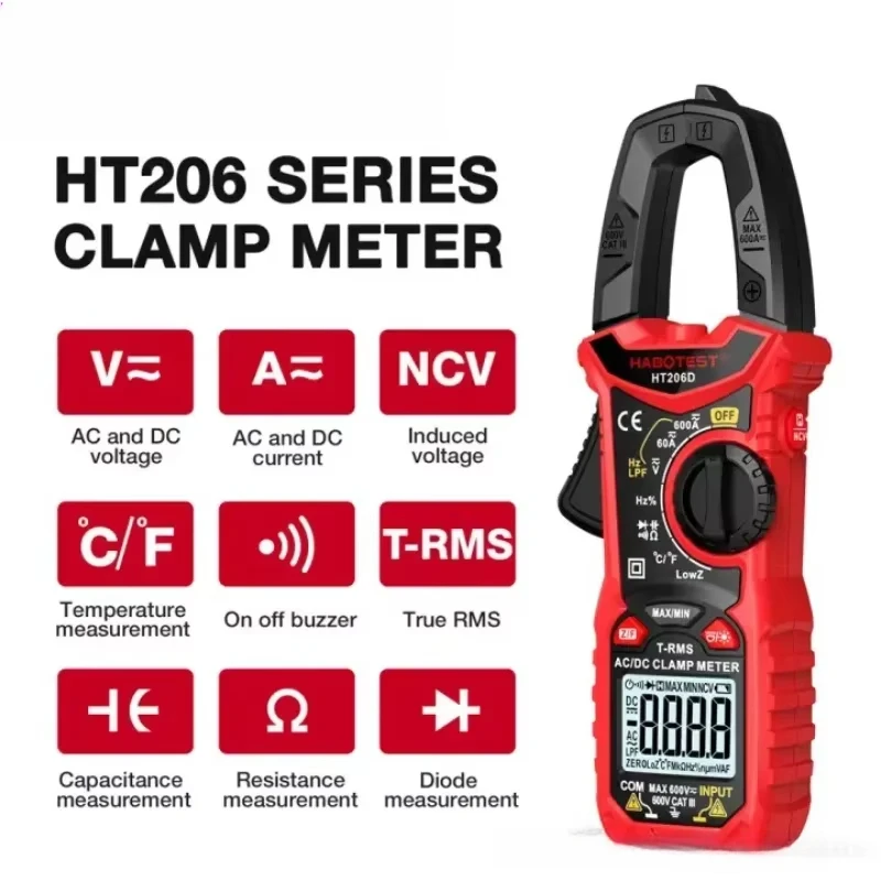 HT206 AC/DC current digital clamp multimeter electrician ammeter temperature capacitor NCV600A