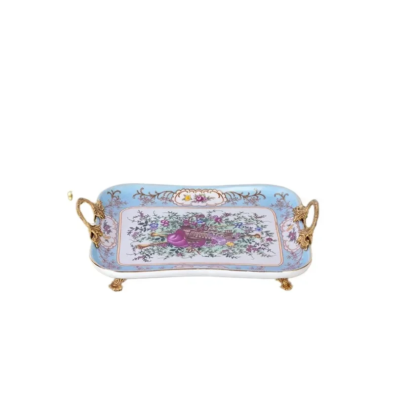 European Vintage Blue Porcelain Afternoon Tea Tray with Gold Handle High-end Floral Pattern Brass Metal Tray for Luxury Home