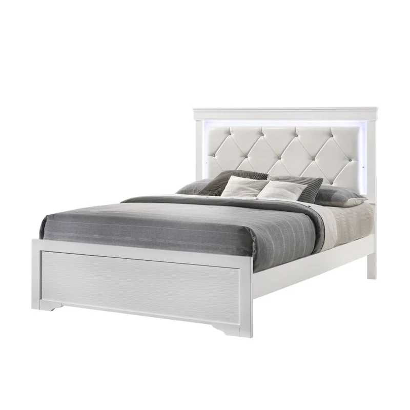 

4 Piece White LED Bedroom Set with Wooden Queen Bed