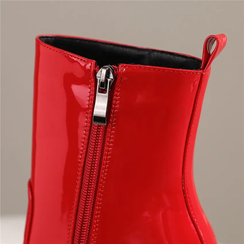 Winter Women Platform Ankle Boots Green Red Patent Leather Square Toe High Thick Heels Party Club Punk Ladies Zipper Short Boots