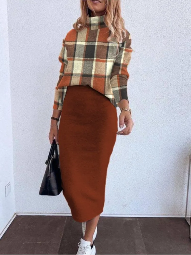 Elegant Women\'s Casual Bodycon Skirt Two Piece Sets New Autumn Winter Fashion Plaid Printed Long Sleeve Top & Slim Skirt Set