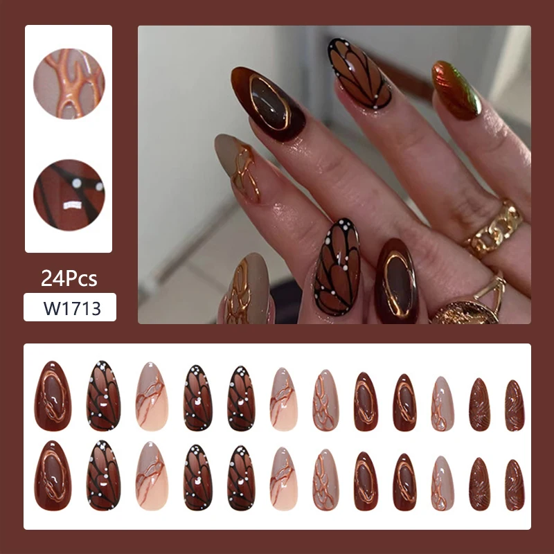 24 pezzi/1 scatola francese nero che indossa toppe per unghie dolci e fresche glitter stelle d'amore design unghie estive unghie carine