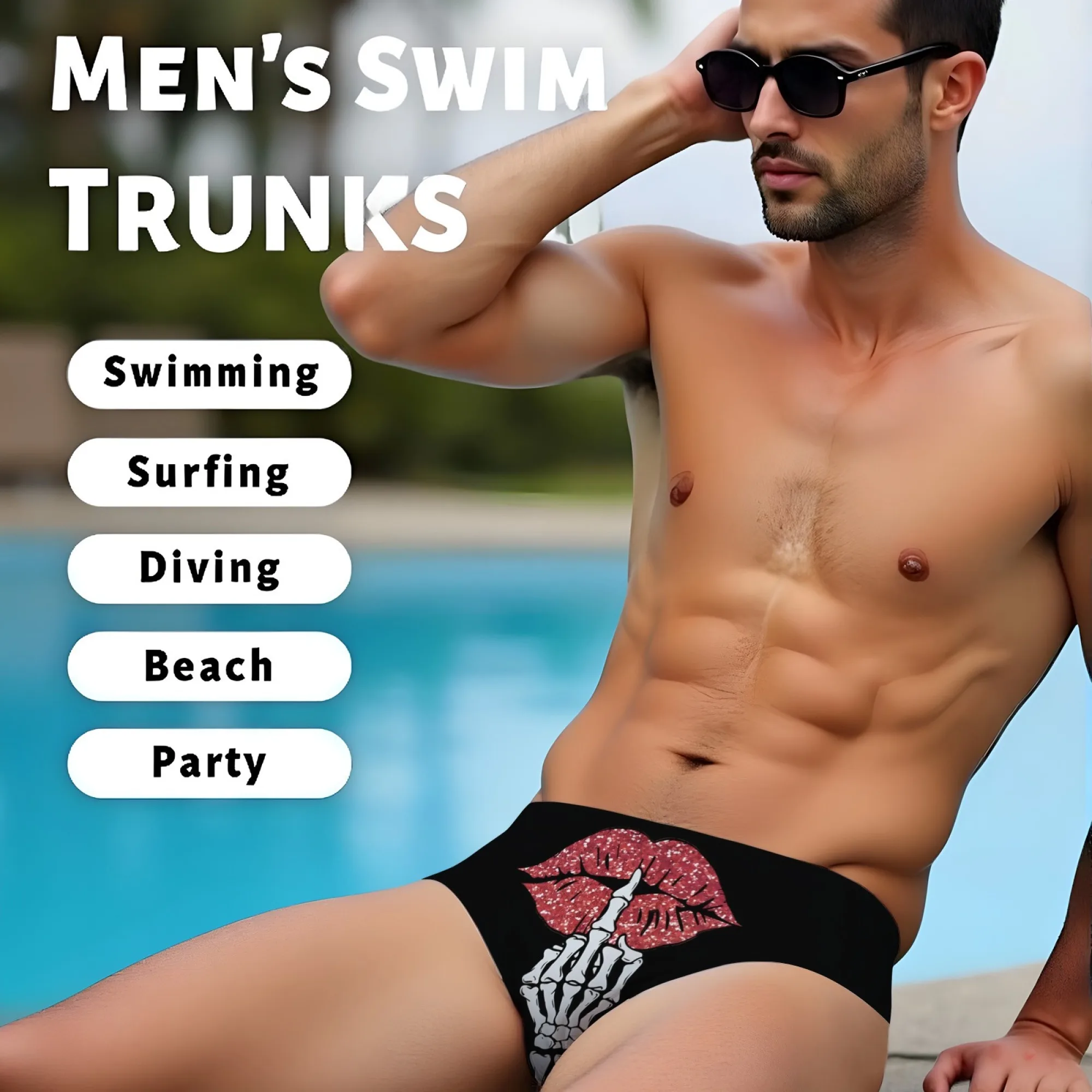 

Skull fingers red lips crazy sexy bikini men's swim trunks swimwear novel beach briefs breathable non-slip suitable for gifts