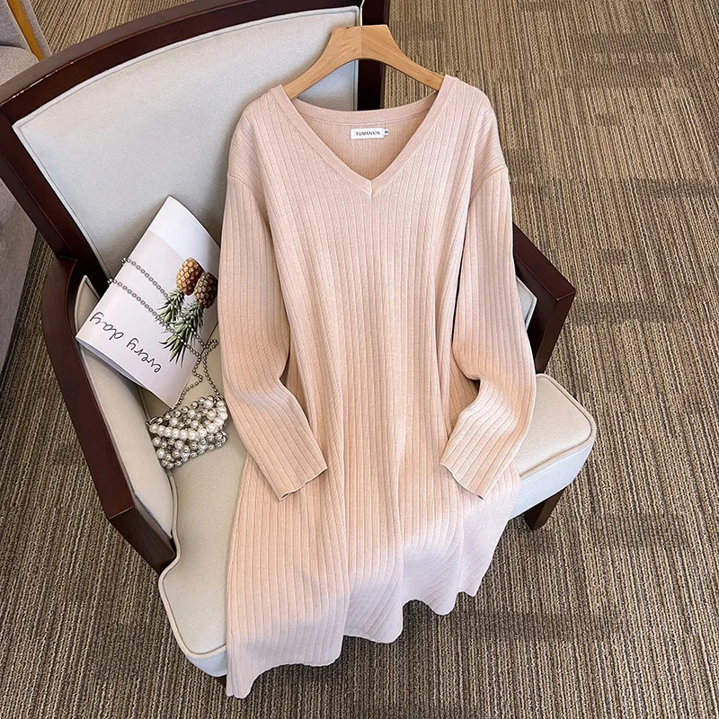 155Kg Plus Size Women\'s Bust 160 Spring Autumn New Loose Long V-Neck Sweater Dress Black Apricot 5XL 6XL 7XL 8XL 9XL 10XL