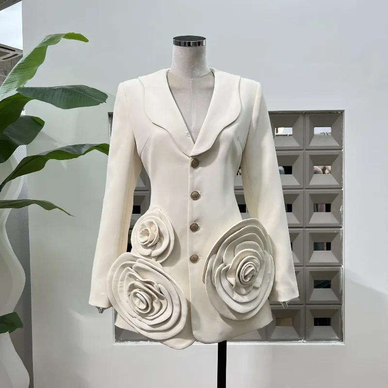 

Sweet Cool Lapel Neck 3D Flower Coat Women 2025 Early Autumn New Long Sleeve Jackets Y2k Slim Fit Single Breasted Tops Mujer