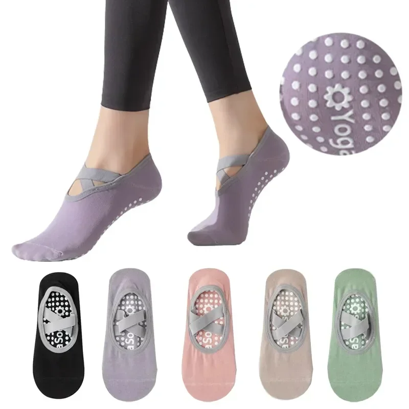 4 Pairs Yoga Socks Women Pure Cotton Non Slip Pilates Grip Socks Section Bandage Yoga Sport Ballet Dance Backless Ankle Socks