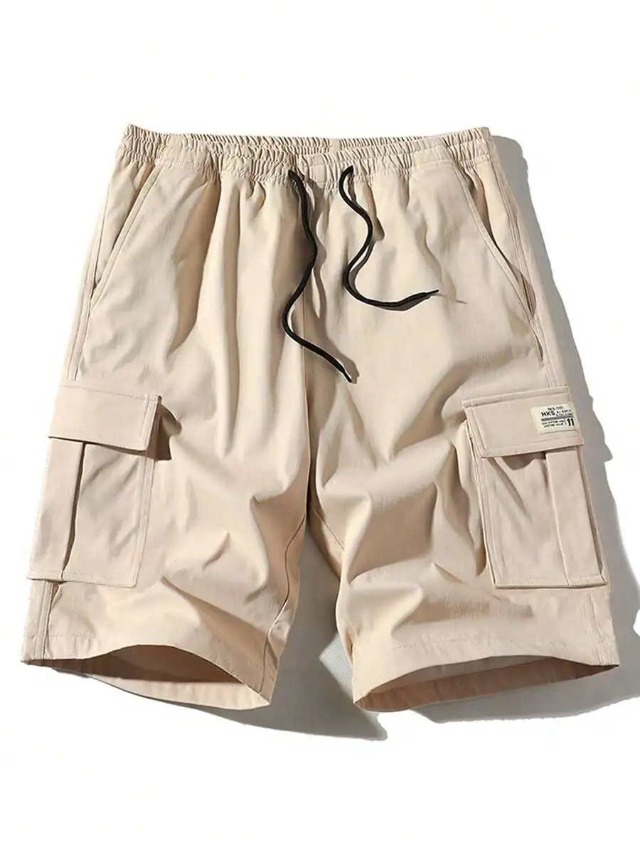 Mens Cargo Shorts Summer Casual Loose Fit Drawstring Waist Beige Bermuda Shorts